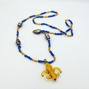 Vintage Hand-painted Fleur-de-lis Glass Bead Royal Blue & Gold Necklace